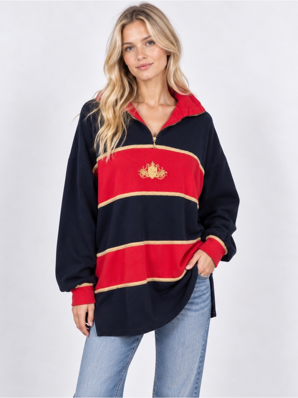 St. John Sport Marie Gray Sweatshirt Red Blue Striped 1/4 Zip Soft VTG Size L